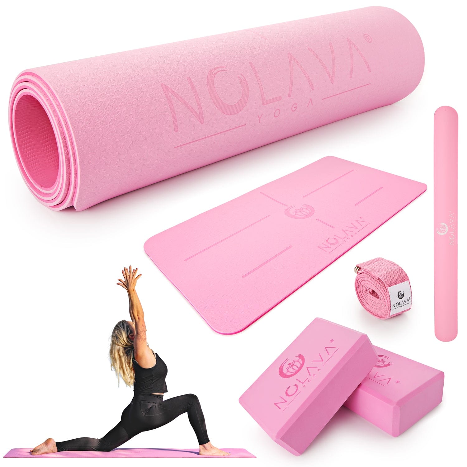 NOLAVA 6-Piece Pink TPE Yoga Mat Set with Knee Pad Cushion, Yoga