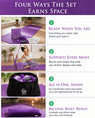 NOLAVA Complete 7-Piece Purple Yoga Set — Mat, Blocks, Eye Pillow, Cards & Carry Tote - Nolava Designs