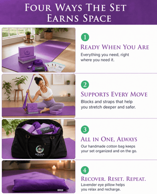 Nolava Designs NOLAVA Complete 7-Piece Purple Yoga Set — Mat, Blocks, Eye Pillow, Cards & Carry Tote YOGA & MEDITATION